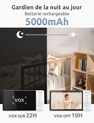 GHB Babyphone Camera Bebe Surveillance 5" LCD Rotation de 350° Baby Phone 2,4 GHz VOX Mode Capteur de Température Communication Bidirectionnelle 8 Berceuses Vision Nocturne sans WiFi thumbnail 8