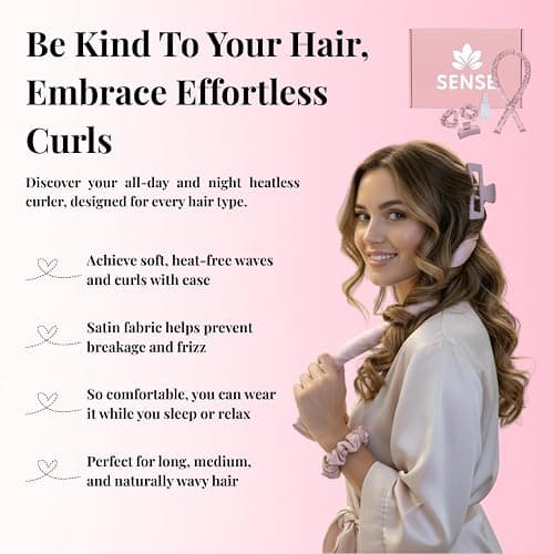 Sense Wellness Satin Heatless Curling Kit, 39" Rod – No Heat Overnight Curls for Frizz-Free Waves – Comfortable Set w/ 2 Scrunchies, Claw Clip for All Hair Types (Lilac) thumbnail 7