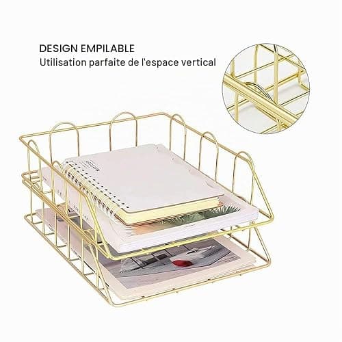 XINGHE Lot de 2 Corbeille Fichier Organisateur en Métal Empilable de Bureau, Classeur Papier Lettre Organisateur Plateau de classement A4 en métal pour la Maison (Doré) thumbnail 4
