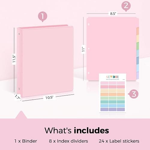 SKYDUE 1 Inch 3 Ring Binder with 8 Tab Dividers & 24 Labels, Pastel Binder Organizer for Letter Size Paper, Aesthetic School Binder for Notes, Documents, Office & Home Organization, Pink thumbnail 2