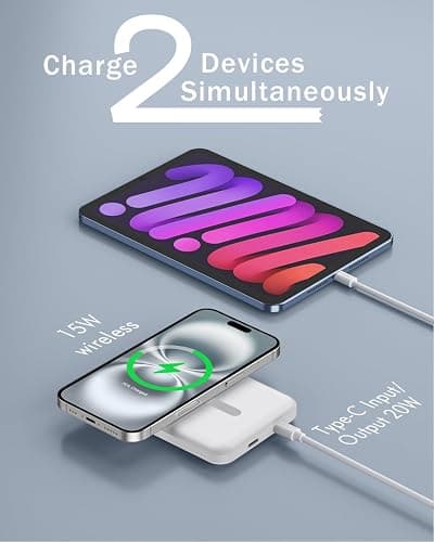 podoru for Magsafe Battery Pack, 5000mAh Magnetic Power Bank with Type-C Cable 20W PD Fast Charging Lighting Input Wireless Portable Charger for iPhone 17/16/15/14/13/12/ All Series-White thumbnail 6