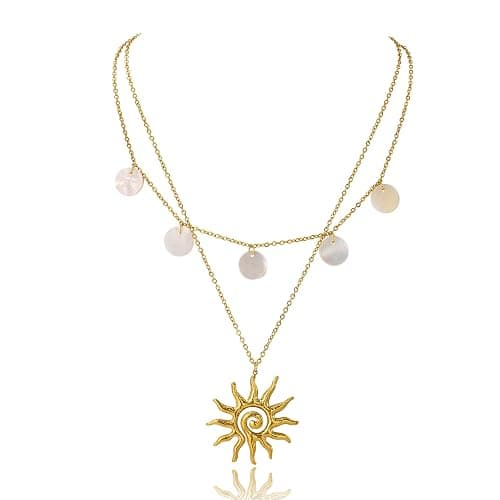 Xeyai Gold Necklace for Women, Dainty 14K Gold Plated Layered Sun Pendant Necklace Gold Charm Chocker Jewelry Gift for Her - Image 1