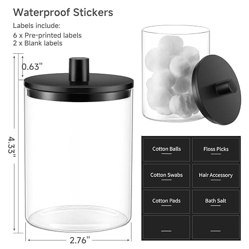 TIPGO Glass Qtip Holder Dispenser - 10 oz Clear Canister Apothecary Jar, Bathroom Vanity Storage Organizer Set for Cotton Swabs, Pads, Floss Picks, Small Containers for Makeup Storage (4 Pack, Black) thumbnail 3