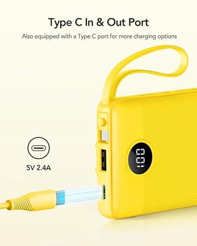 VRURC Portable Charger with Built-in Cables, 10000mAh LED Display USB C Power Bank, Slim Travel Battery Pack with 5 Output 2 Input Compatible with iPhone,Samsung,Android etc-Yellow(1 Pack) thumbnail 3