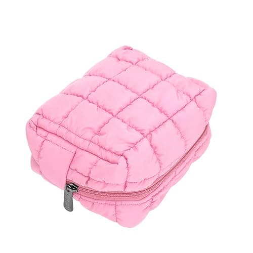 E-Tree Cute Makeup Bag,Quilted Cosmetic Bag for Women,Make up Pouch for Purse,Toiletry Zipper Pouch,Checkered Bag,Travel Case,Storage Pouches for Organization (Pink) thumbnail 2