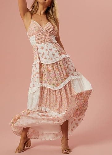 Women Y2k Floral Smocked Maxi Dress Bow Tie Shoulder Tiered Ruffle Midi Sun Dress Boho Casual Beach Long Dresses thumbnail 2