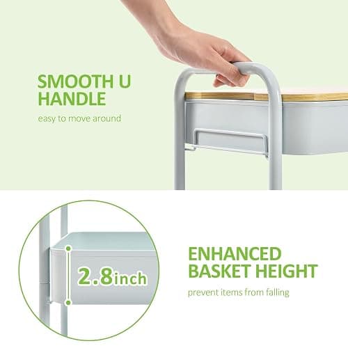 TOOLF 3 Tier Rolling Cart, Metal Utility Cart with Wheels & Wooden Top, Diaper Organizer Cart, Rolling Craft Storage Cart, Serving Trolley Cart for Kitchen, Office, Bathroom, Baby Nursery, Green - Green thumbnail 5
