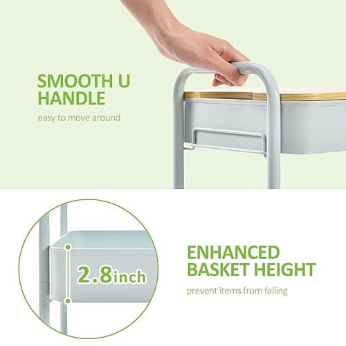 TOOLF 3 Tier Rolling Cart, Metal Utility Cart with Wheels & Wooden Top, Diaper Organizer Cart, Rolling Craft Storage Cart, Serving Trolley Cart for Kitchen, Office, Bathroom, Baby Nursery, Green - Green thumbnail 5