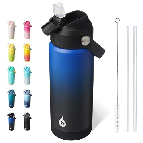 BJPKPK Insulated Water Bottle with Straw Lid, 18oz Thermo Water Bottles, Flex Handle & Non-slip Boot, BPA Free Leak Proof Stainless Steel Metal Thermo, Tumblers, Cups,Black Blue - Image 1