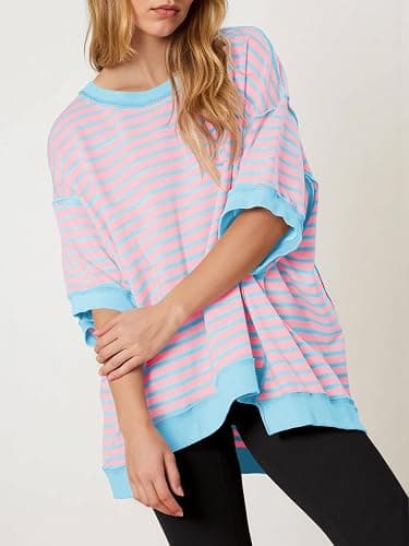Tankaneo Womens Oversized T Shirts Striped Color Block Cotton Tops Summer Casual Half Sleeve Loose Fit Crewneck Sweatshirts thumbnail 3