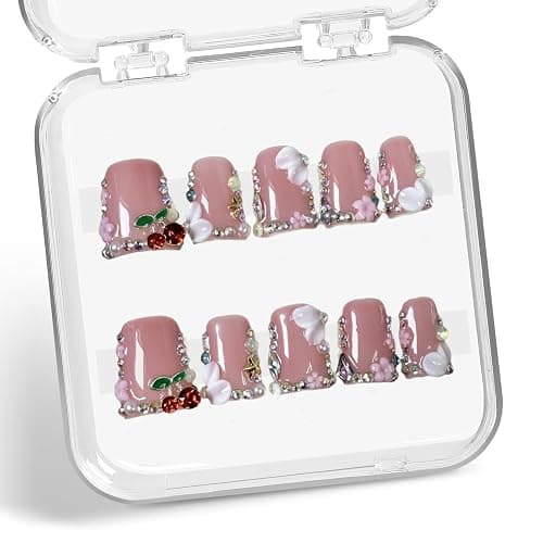 Duck Press on Nails Duck Handmade Press on Nails 3D Luxury Rhinestone Cherry and Pearl Acrylic Fake Nails Designs Flower Stick on Nails Full Cover Thickened False Nails for Women Nail Art DIY（M) - Image 1