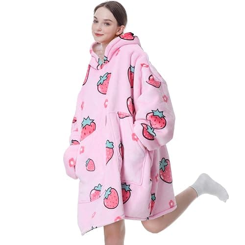 Aemicion Blanket Hoodie for Adults,Super Warm Cozy Giant Wearable Blanket,Thick Sherpa Sweatshirt Blanket with Sleeves as Gifts for Women Mom Teen Girls -Pink Strawberry - Image 1