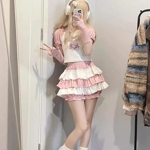 RILGOU Kawaii Harajuku Fashion Lolita Gothic Clothes Elastic Waist Color Blocking Cute Lace Trim Tiered Short Skirt thumbnail 2