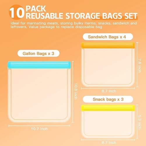 10 Pack Dishwasher Safe Reusable Bags, Leakproof Reusable Freezer Bags, BPA Free Food Storage Bags for Lunch Marinate Food Travel - 3 Gallon 3 Snack 4 Sandwich Bags thumbnail 2