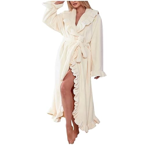 Oplxuo Fuzzy Robe for Women Cute Ruffle Plush Soft Long Sleeve Robes Fluffy Warm Fleece Long Bathrobe with Pockets - Image 1