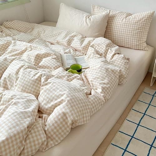 Lanqinglv Single Duvet Cover Set Beige Checkered Gingham Bedding Single Bed | Duvet Cover Single with Zipper Closure,1 Pillowcase 50x75cm,All Season,Oeko-Tex certified,Machinewashable,Great Gift,Soft thumbnail 3