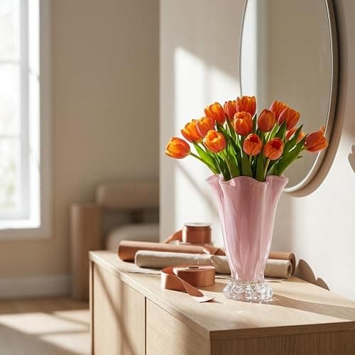 Ruffled Vase Display with Wavy Rim, Hand Blown Glass Vase for Flowers, Blown Glass Decor Centerpiece with Ribbed Panels for Tabletop Shelf Mantel Home Decor (Pink) thumbnail 6