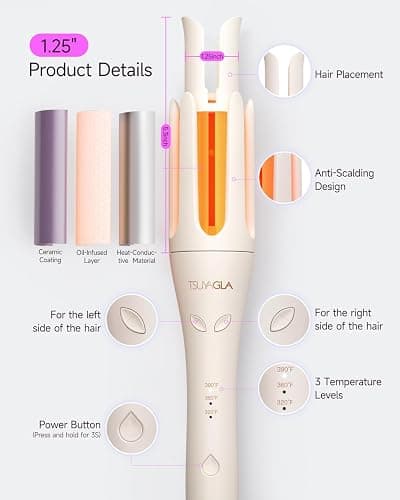 TSUYAGLA Automatic Hair Curler, 1 1/4 Inch Rotating Curling Iron with 3 Temp, 500 Million Ionic, 2-Way Rotation,10S Fast Heating, Anti-Scald, Anti-Tangle Rotating Curling Wand for Long Hair thumbnail 7