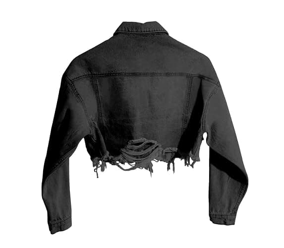 HTD Women's Cropped Jean Jacket Button Up Long Sleeve Ripped Distressed Denim Jacket Frayed Hem thumbnail 5