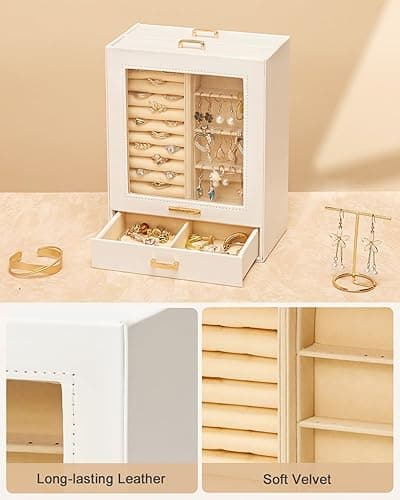 Homde Jewelry Organizer Girls Women Jewelry Box for Necklaces Rings Earrings Gift Bracelets Storage Case (White + Gold) - White + Gold thumbnail 6