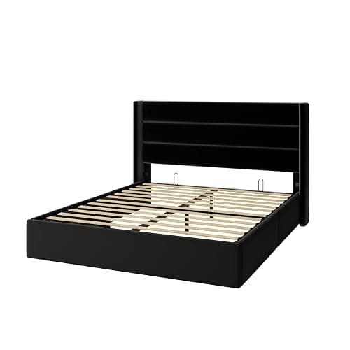 Allewie Queen Size Velvet Lift Up Storage Bed, Modern Wingback Headboard, Hydraulic Support, No Box Spring Needed, Black thumbnail 9