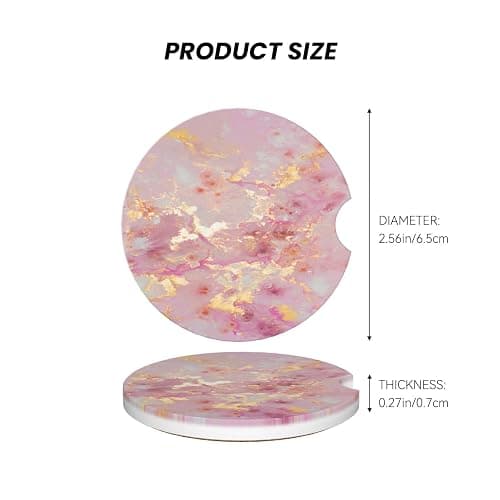 Car Coaster for Cup Holders, 2 Pack Absorbent Ceramic Car Cup Holder Coaster, Cute Auto Assecories for Women Men, Universal Size 2.56 in with Finger Notch & Cork Base, Gold Pink Marble thumbnail 2