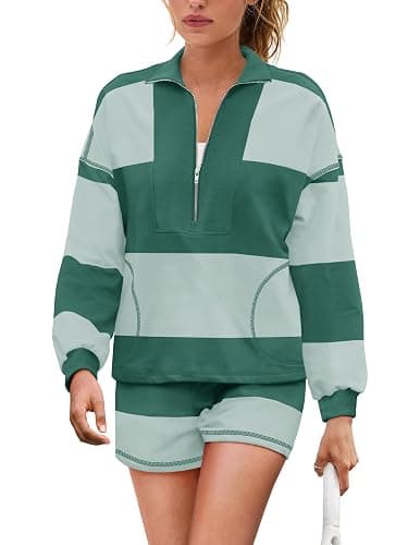 Yanekop Womens Oversized Striped Set Matching Workout Sets Lounge Sets 2 Piece Outfits Half Zip Pullover and Shorts Set thumbnail 2