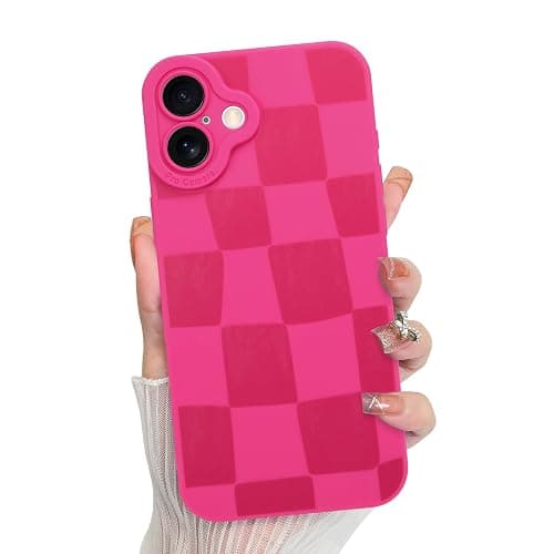 KANGHAR Compatible with iPhone 16 Case Checkered -Hot Pink | Silicone Cute Pattern, Camera Protection Soft Slim Phone Case for Girls Women - Image 1