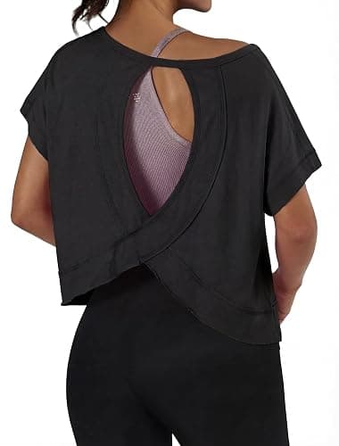 GRECERELLE Women's Open Back Workout Tops Backless Athletic Shirts Casual Crop Running Tee Y2k Yoga - Image 1