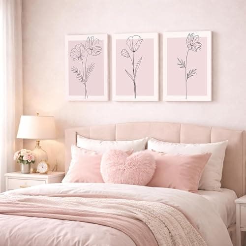 Pink Flower Wall Art Set of 3 Framed, Blush Pink Floral Canvas Wall Decor Pictures, Minimalist Botanical Line Art Prints for Girls Bedroom Teen Room Living Room Aesthetic 12x16 Inch thumbnail 5