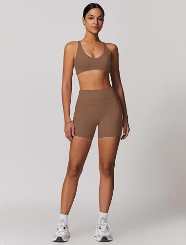 ABOCIW Workout Sets for Women 2 Piece V Neck Twist Back Sports Bra High Waist Biker Shorts Yoga Outfits thumbnail 3