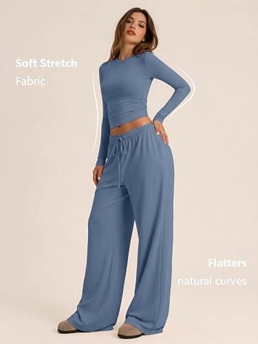 Trendy Queen Women's 2 Piece 2026 Fall Fashion Lounge Set with Pockets | Airport Outfit, Athleisure Workout Set, Fall Wardrobe Staple, Winter Style, Side-Ruched Top, Drawstring Wide-Leg Pants thumbnail 3