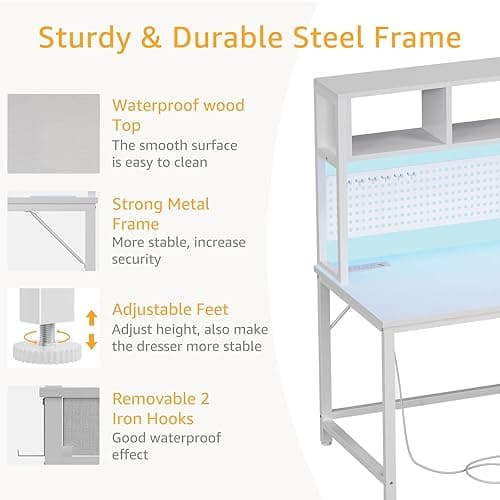 White Computer Desk with Hutch and Pegboard - Computer Desk with Power Outlets, 47 Inch Modern Study Teen Desk with Pegboard Storage Bag, Hooks and Side Bag,Writing Desk for Bedroom Home Office - White - 47.2" thumbnail 5