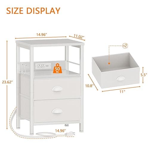 Furologee End Table with Charging Station, Nightstand with Fabric Drawers, Side Tables with USB Ports & Outlets, Night Stand with Storage Shelf & Hooks, for Living Room/Bedroom, White thumbnail 4