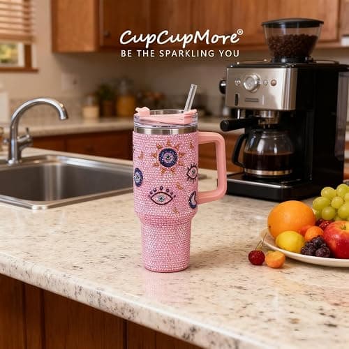 Cupcupmore 40 oz Pink Evil Eye Bling Rhinestone Stainless Steel Sippy Tumbler Glitter Vacuum Insulated Water Bottle with Straw & Lid &Handle,Sparkle Car Cup Holder,Keeps Cold 12 Hours Drinks,Coffee thumbnail 9