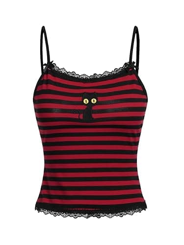 SOLY HUX Women's Y2k Lace Striped Cami Crop Cat Embroidery Gothic Tops | Goth Grunge, Spaghetti Strap, Cat Embroidery, Camisole, Going Out, Casual Wear, Slim Fit - Image 1