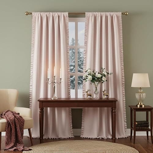 Jubilantex Pink 80% Blackout Christmas Curtains with Ruffle Heavy Solid Thermal Insulated Window Treatment Set Soft Drapes for Bedroom Living Room Light Blocking Rod Pocket Curtain, 40Wx84L, 2 Panels - Image 1