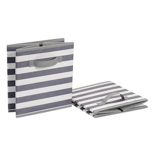 Amazon Basics Collapsible Fabric Storage Bins with Handles, Cube Organizer for Home Organization, 10.5"x10.5"x11", White/Light Grey Stripe, 6-Pack thumbnail 6