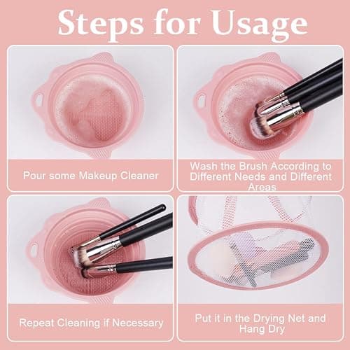 AUAUY Makeup Brush Cleaning Mat & Hanging Drying Net, Foldable Makeup Brush Cleaner, Silicone Brush Cleaning Bowl With Mesh Drying Rack Basket to Dry Makeup Sponge, Powder Puff, Brush(Pink) thumbnail 8