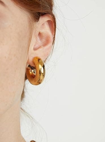 CONRAN KREMIX Waterproof Chunky Gold Hoops Earrings for Women Non Tarnish, Thick Gold Plated Circle Open Hoop,Lightweight Hollow Earrings Trendy thumbnail 2