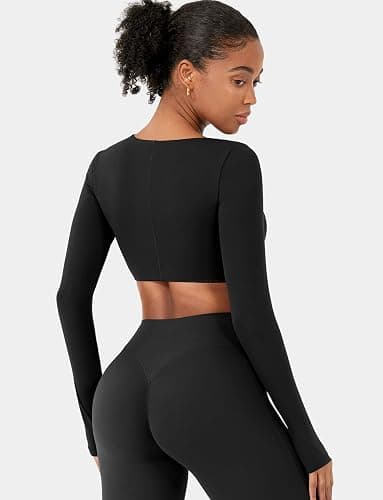 YEOREO Long Sleeve Crop Tops for Women Agantha Deep V Neck Ruched Padded Workout Gym Cropped T Shirt Top with Thumb Holes thumbnail 2