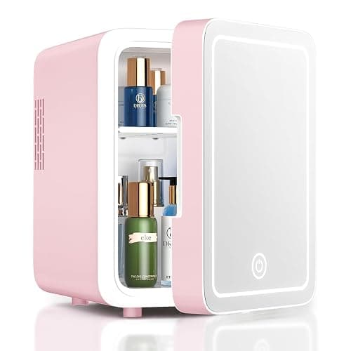 CUTIEWORLD Skincare Fridge with Dimmable LED Light Mirror, 4L Mini Fridge For Desktop, Travel or Cool & Heat, Makeup Fridge for Cosmetics, Skin Care and Food, Pink - Image 1
