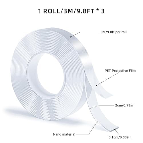 SUTOUG 3 Rolls Double Sided Tape Heavy Duty, Nano Tape, Transparent Adhesive Tape, Traceless Adhesive Tape,Clear Mounting Tape,Removable, Washable, Suitable for Carpets, Photo Walls, 9.85FT Per Roll thumbnail 2