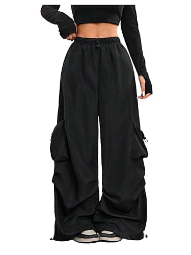 GORGLITTER Women's Parachute Baggy Cargo Pants Wide Leg Low Waisted Oversized Loose Drawstring Pants with Pockets - Image 1
