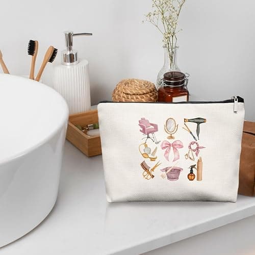 EKGJW Pink Hairstylist Makeup Bag for Women, Cosmetology Student Gifts, Hairdresser Travel Cosmetic Organizer Pouch, Cute Salon Accessories for Teen Girls, Aesthetic Beauty Bag 7.5 x 10 in thumbnail 2