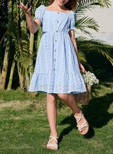DOKOTOO KIDS Girls Summer Dress Casual Puff Sleeve A-line Button Down Eyelet Midi Dress 6-15 Years thumbnail 2