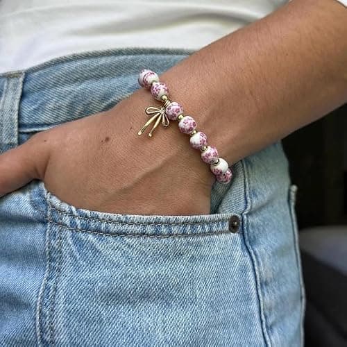 Qiuseadu Bow Bracelet Necklace Set 14K Gold Beaded Bracelet Dainty Bow Pendant Choker Jewelry Gift Set thumbnail 2