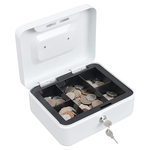 xydled Locking Steel Medium Cash Box with Removable Coin Tray and Key Lock,7.87"x 6.30"x 3.54",White thumbnail 4