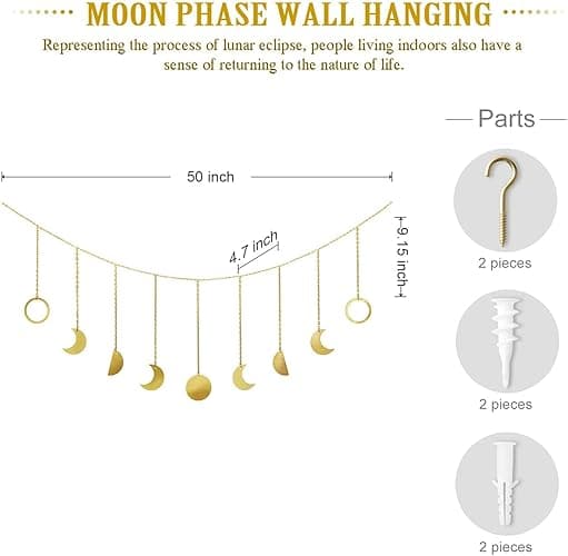Mkono Moon Phase Wall Hanging Boho Aesthetic Room Decor Metal Moons Garland Hanging Art Bohemian Home Decoration for Girls Room Nursery Bedroom Livingroom Dorm, Ideal, Gold, 50" - Gold - Medium thumbnail 6