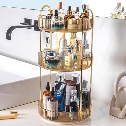 Makeup Organizer for Vanity, 360° Rotating Bathroom Organizer Countertop, High-Capacity Skincare Organizer, Spinning Cosmetics Organizer for Dresser Countertop (3 Tiers, Amber) thumbnail 2
